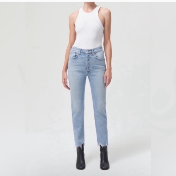 AGOLDE Riley Cropped high-rise button fly jeans in light wash with raw hem — NWT - Picture 3 of 13